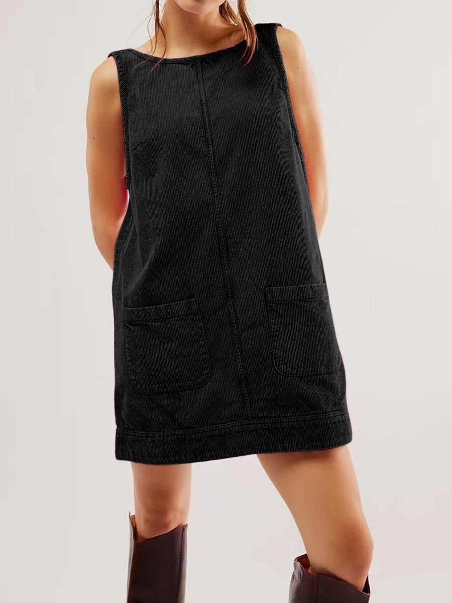Mandy Round Neck Wide Strap Mini Dress with Pockets - Casual Dress