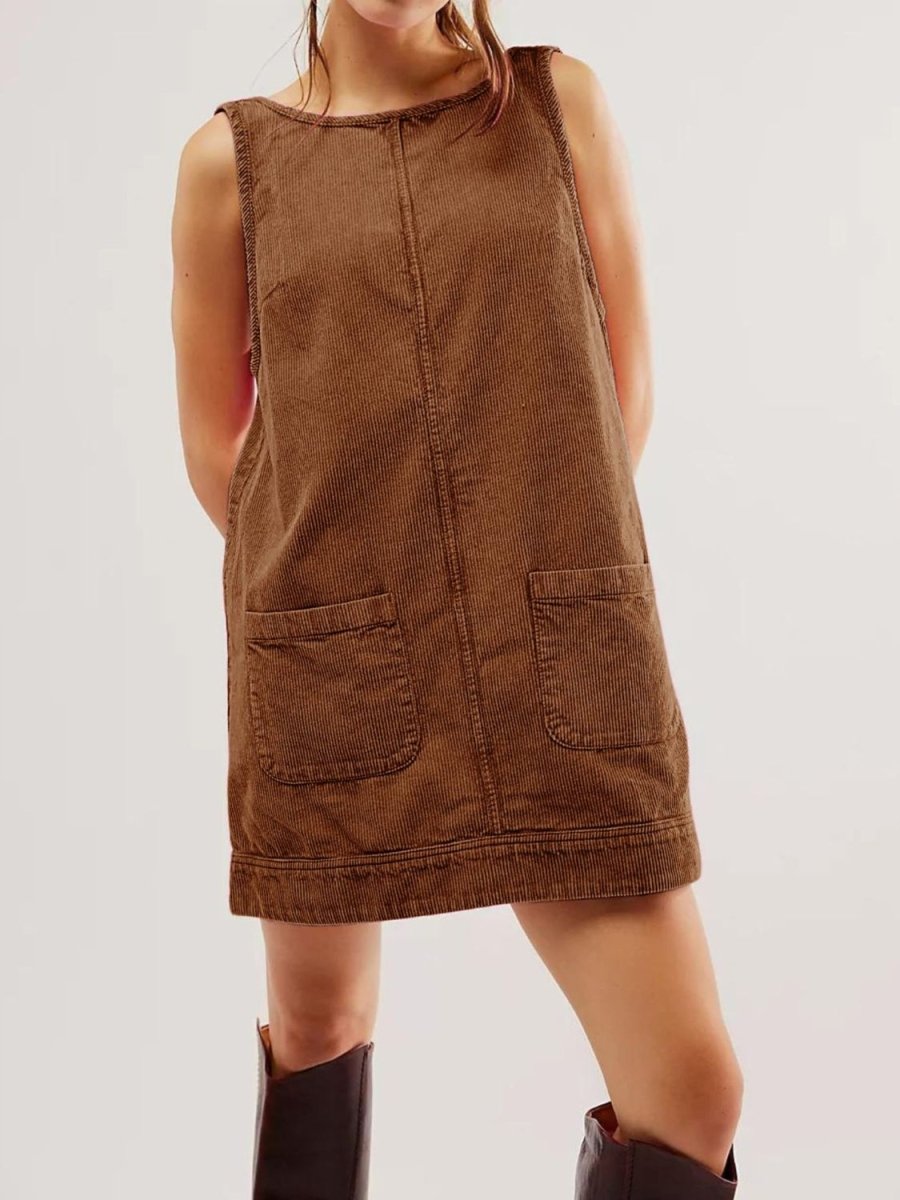 Mandy Round Neck Wide Strap Mini Dress with Pockets - Casual Dress