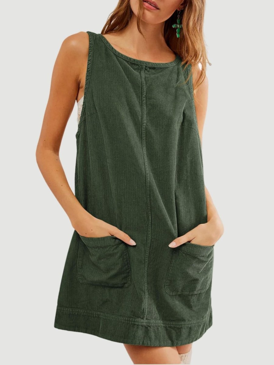 Mandy Round Neck Wide Strap Mini Dress with Pockets - Casual Dress