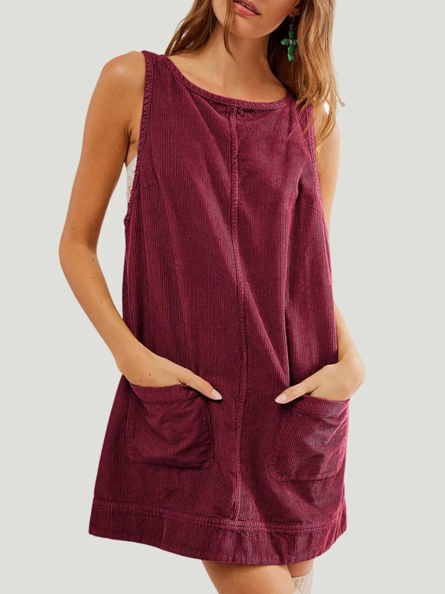 Mandy Round Neck Wide Strap Mini Dress with Pockets - Casual Dress