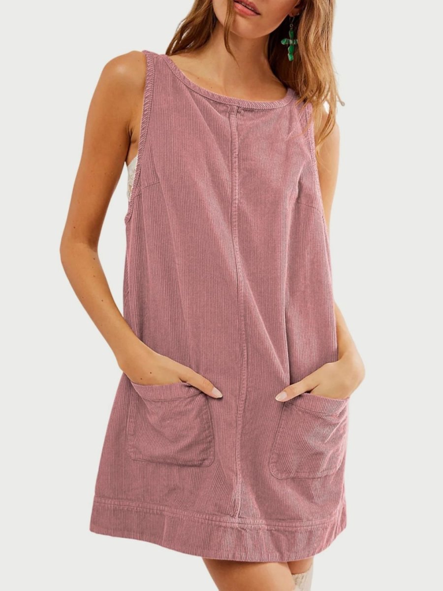 Mandy Round Neck Wide Strap Mini Dress with Pockets - Casual Dress