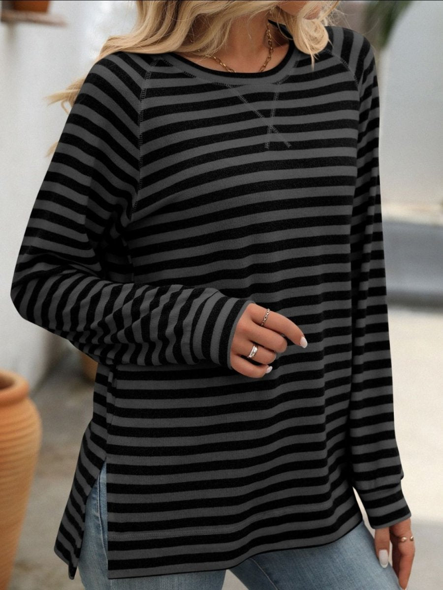 Mandy Striped Round Neck Long Sleeve T-Shirt - Top