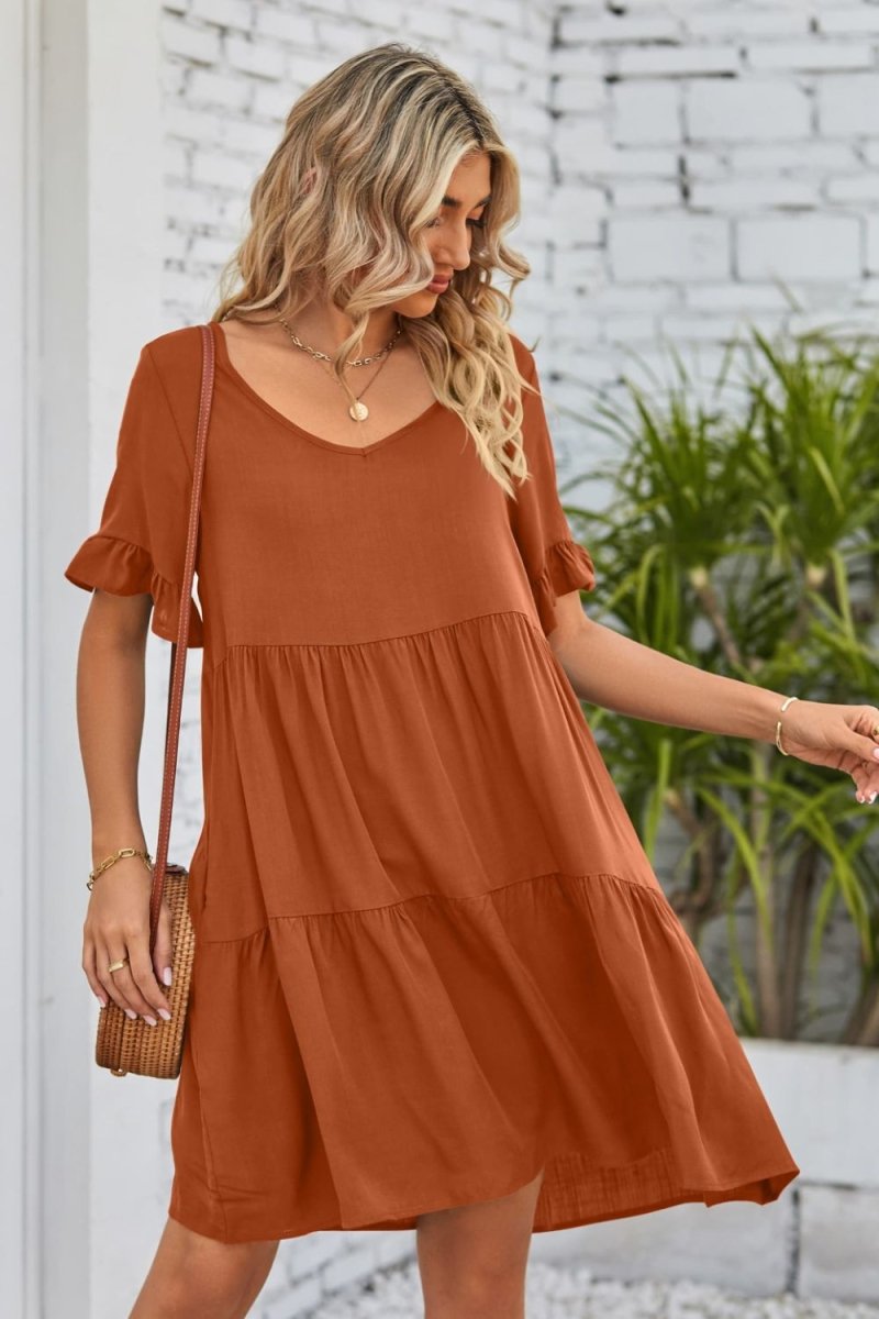 Mandy V - Neck Flounce Sleeve Tiered Dress - Casual Dress