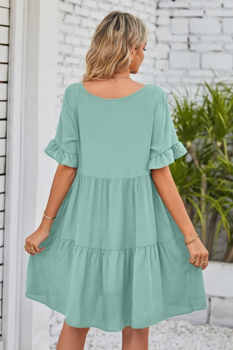 Mandy V - Neck Flounce Sleeve Tiered Dress - Casual Dress