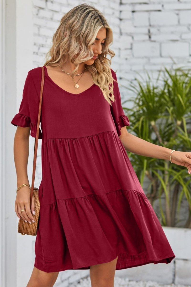 Mandy V - Neck Flounce Sleeve Tiered Dress - Casual Dress