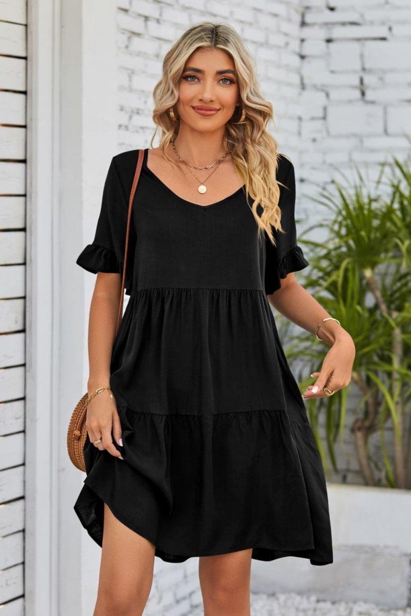 Mandy V - Neck Flounce Sleeve Tiered Dress - Casual Dress