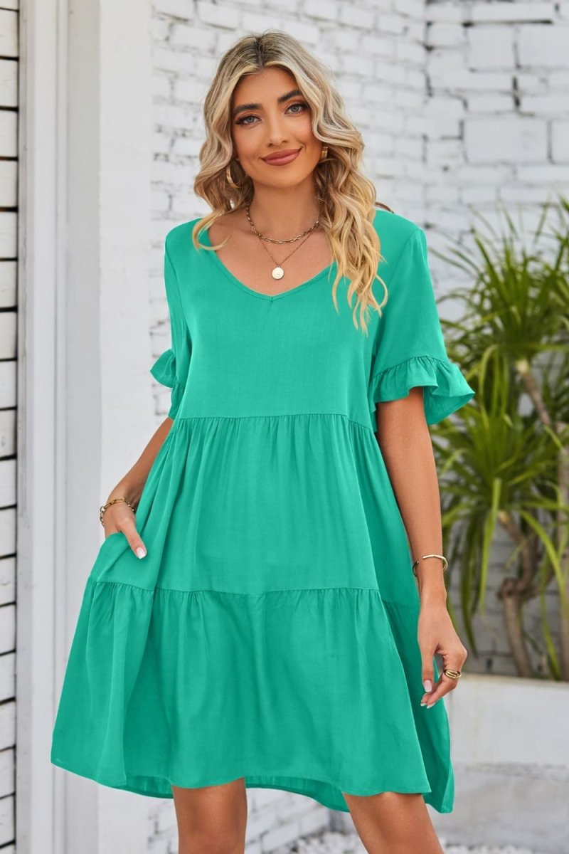 Mandy V - Neck Flounce Sleeve Tiered Dress - Casual Dress