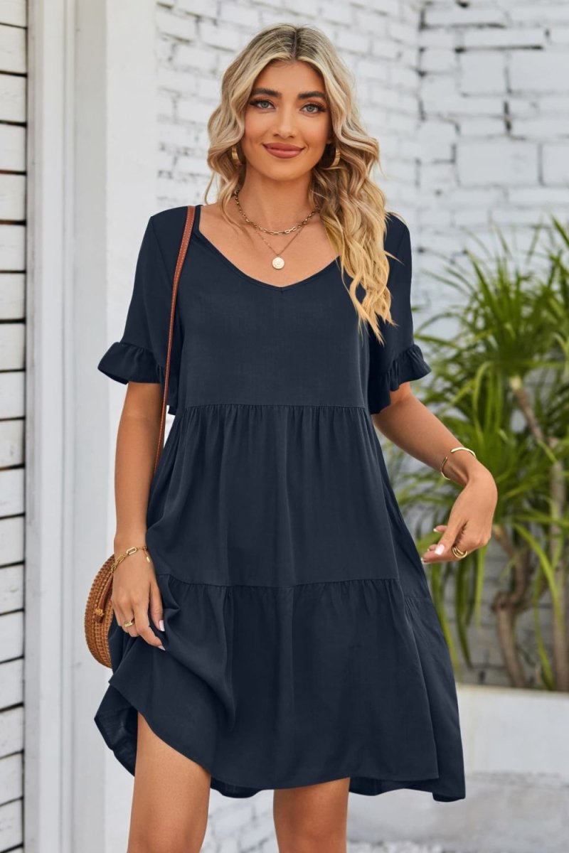 Mandy V - Neck Flounce Sleeve Tiered Dress - Casual Dress