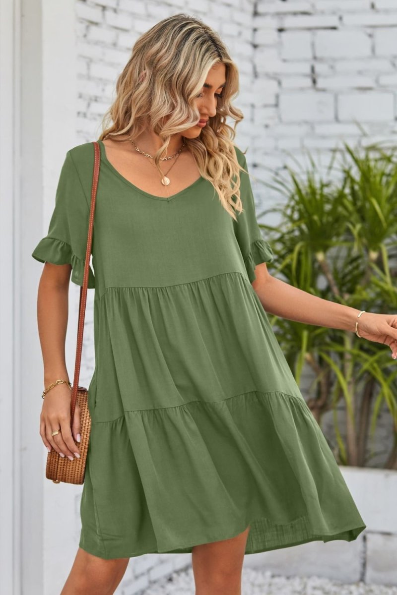 Mandy V - Neck Flounce Sleeve Tiered Dress - Casual Dress