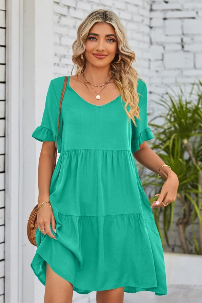 Mandy V - Neck Flounce Sleeve Tiered Dress - Casual Dress