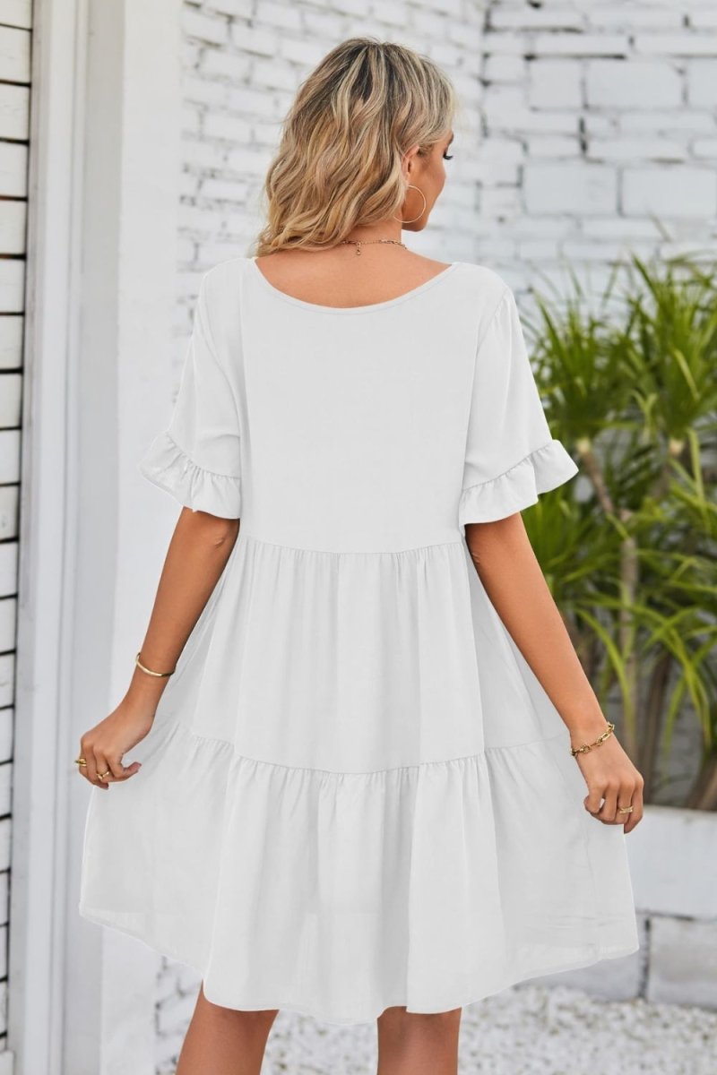 Mandy V - Neck Flounce Sleeve Tiered Dress - Casual Dress