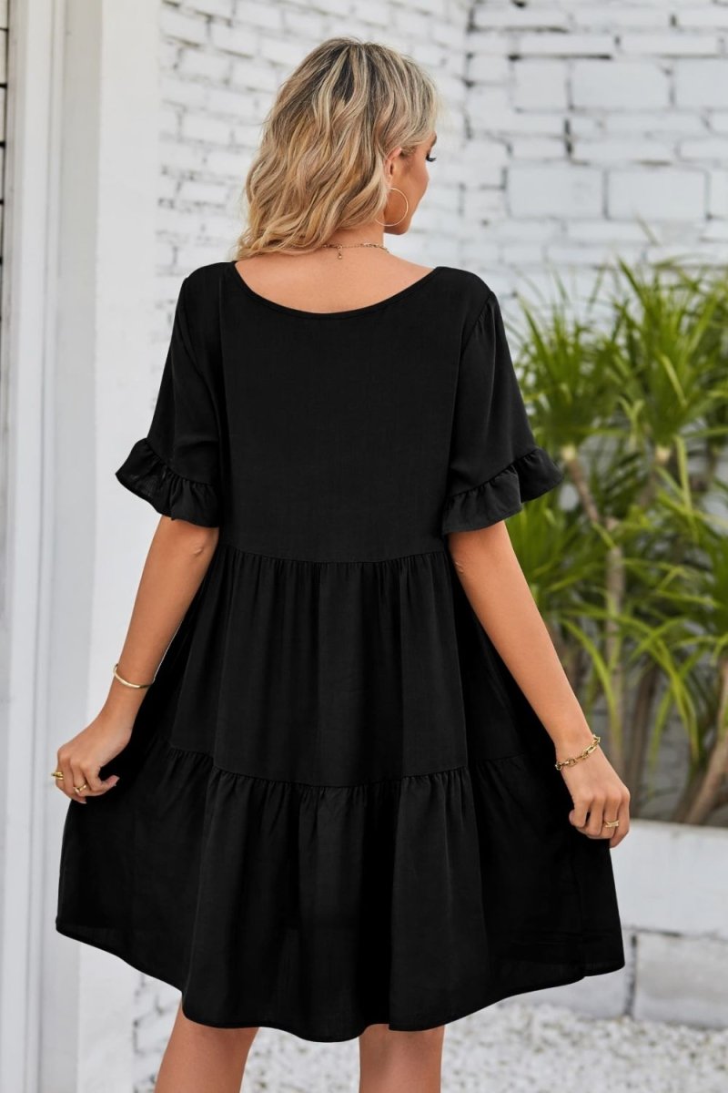 Mandy V - Neck Flounce Sleeve Tiered Dress - Casual Dress