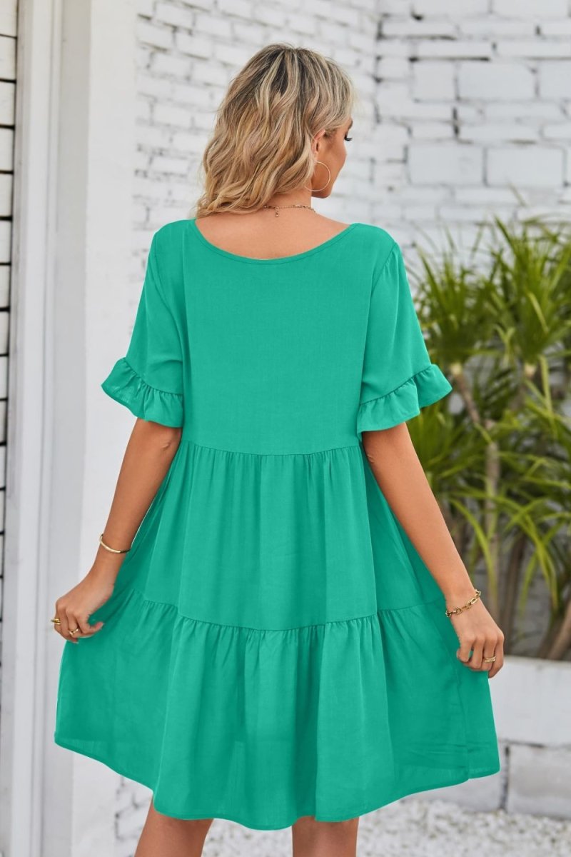 Mandy V - Neck Flounce Sleeve Tiered Dress - Casual Dress