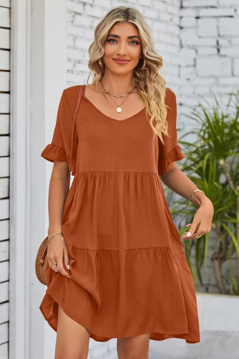 Mandy V - Neck Flounce Sleeve Tiered Dress - Casual Dress