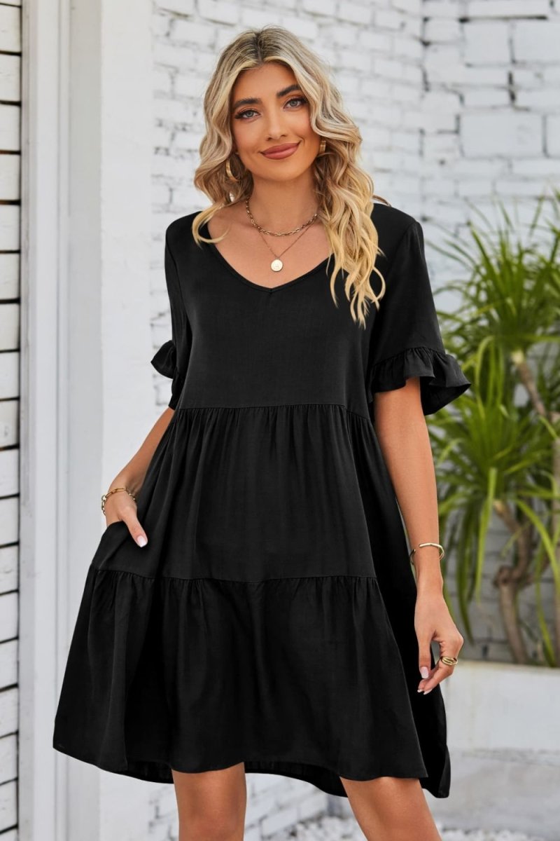 Mandy V - Neck Flounce Sleeve Tiered Dress - Casual Dress