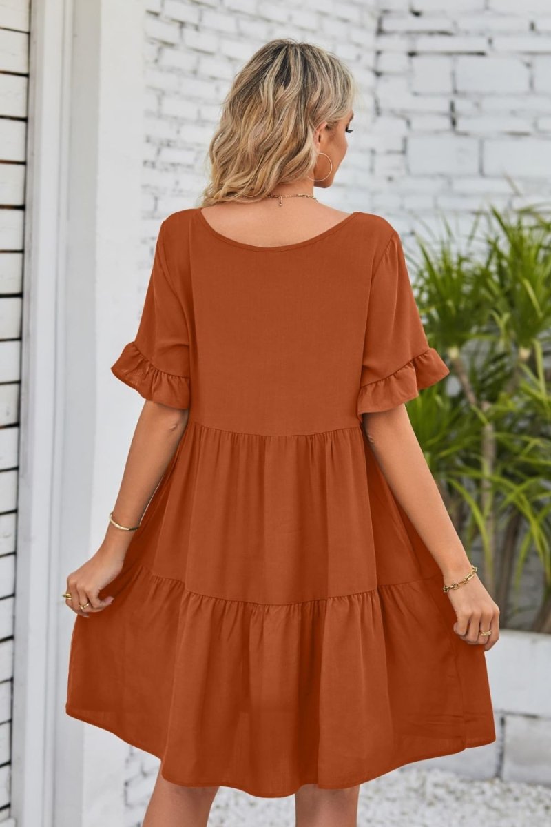 Mandy V - Neck Flounce Sleeve Tiered Dress - Casual Dress