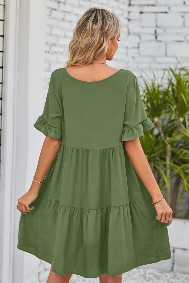 Mandy V - Neck Flounce Sleeve Tiered Dress - Casual Dress
