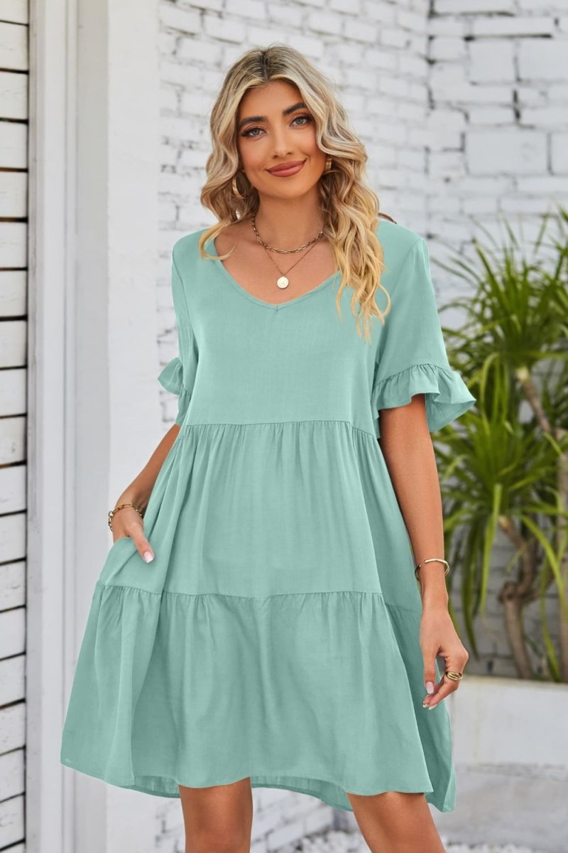 Mandy V - Neck Flounce Sleeve Tiered Dress - Casual Dress