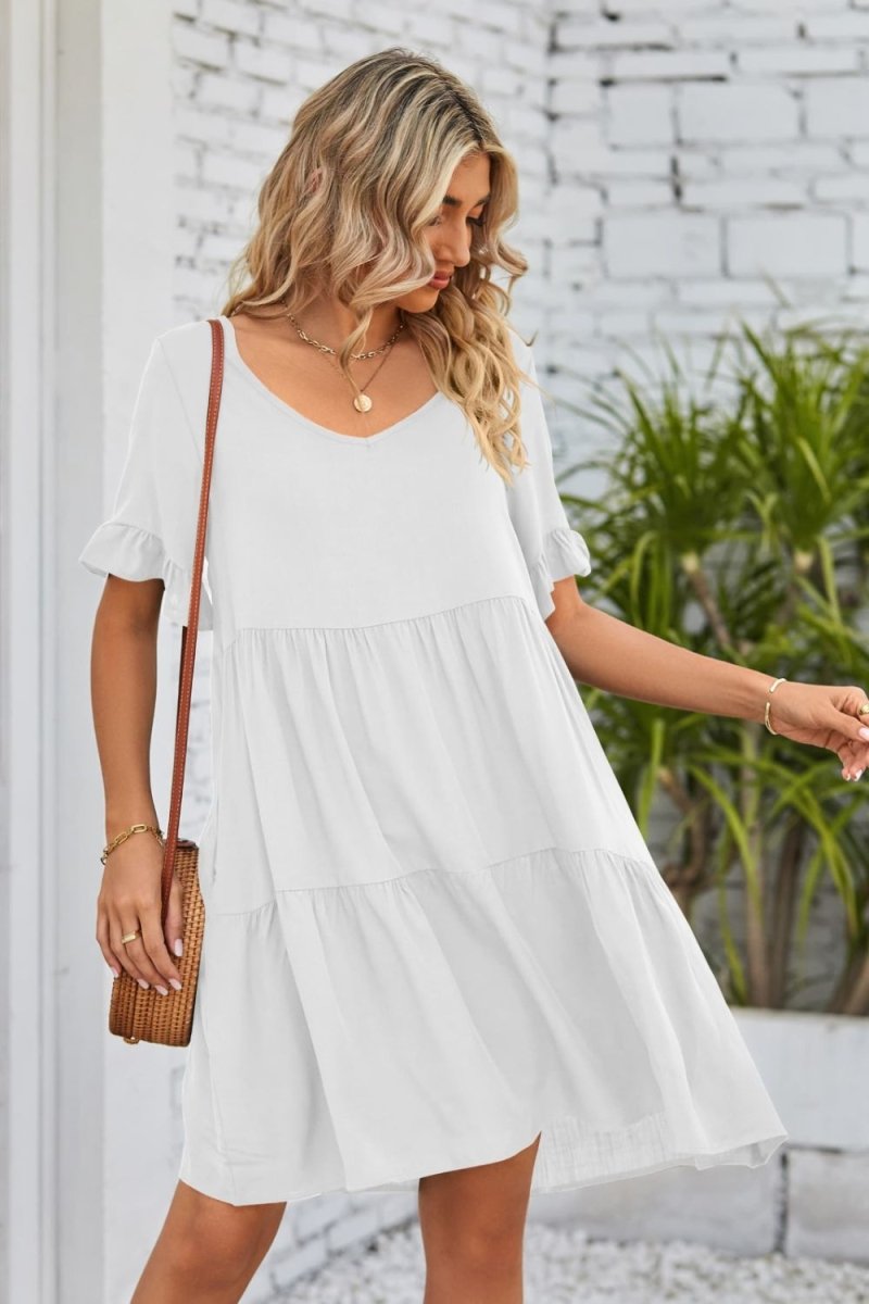 Mandy V - Neck Flounce Sleeve Tiered Dress - Casual Dress