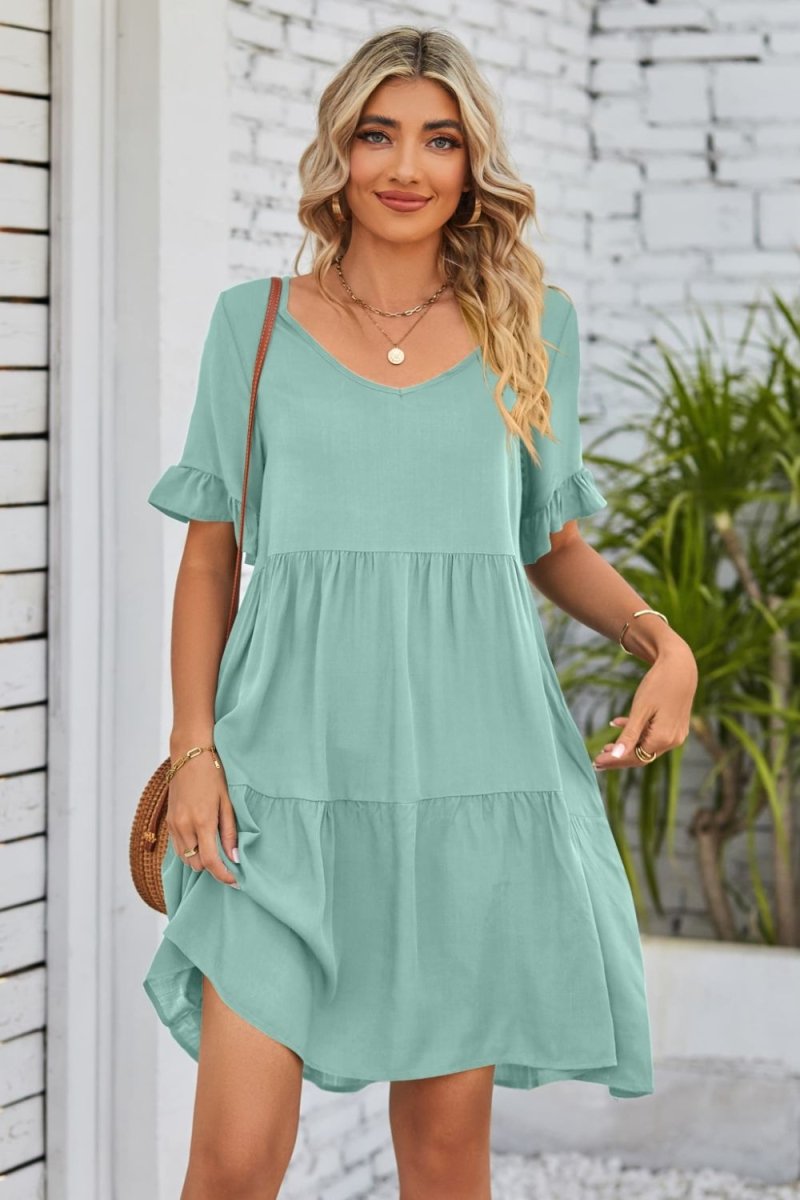 Mandy V - Neck Flounce Sleeve Tiered Dress - Casual Dress