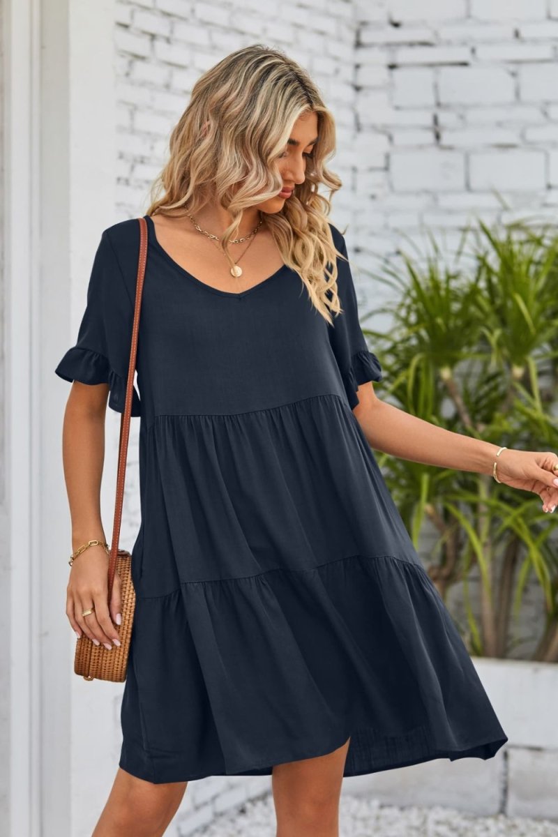 Mandy V - Neck Flounce Sleeve Tiered Dress - Casual Dress