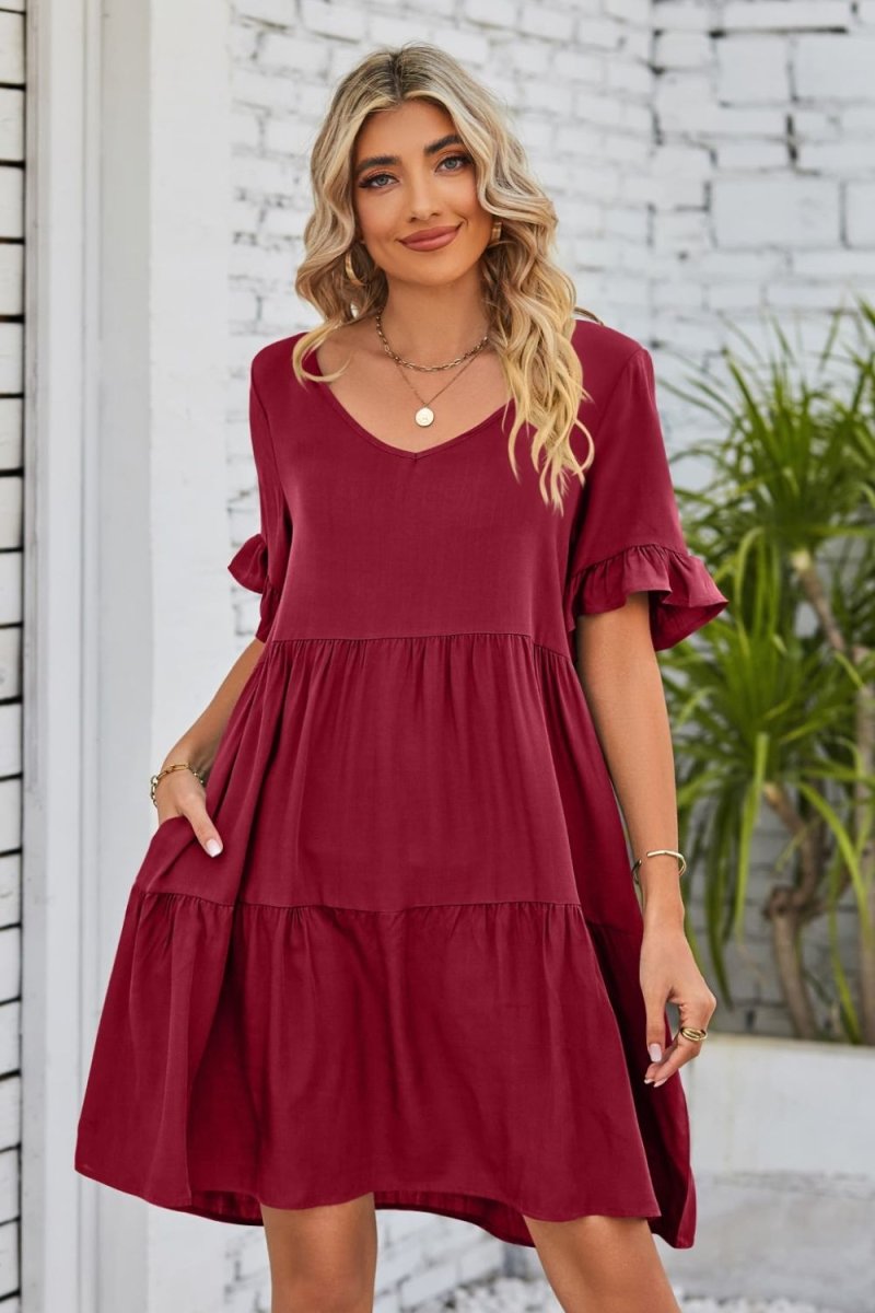 Mandy V - Neck Flounce Sleeve Tiered Dress - Casual Dress