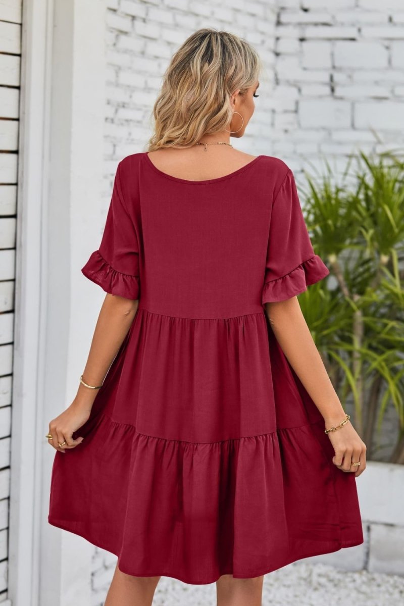 Mandy V - Neck Flounce Sleeve Tiered Dress - Casual Dress
