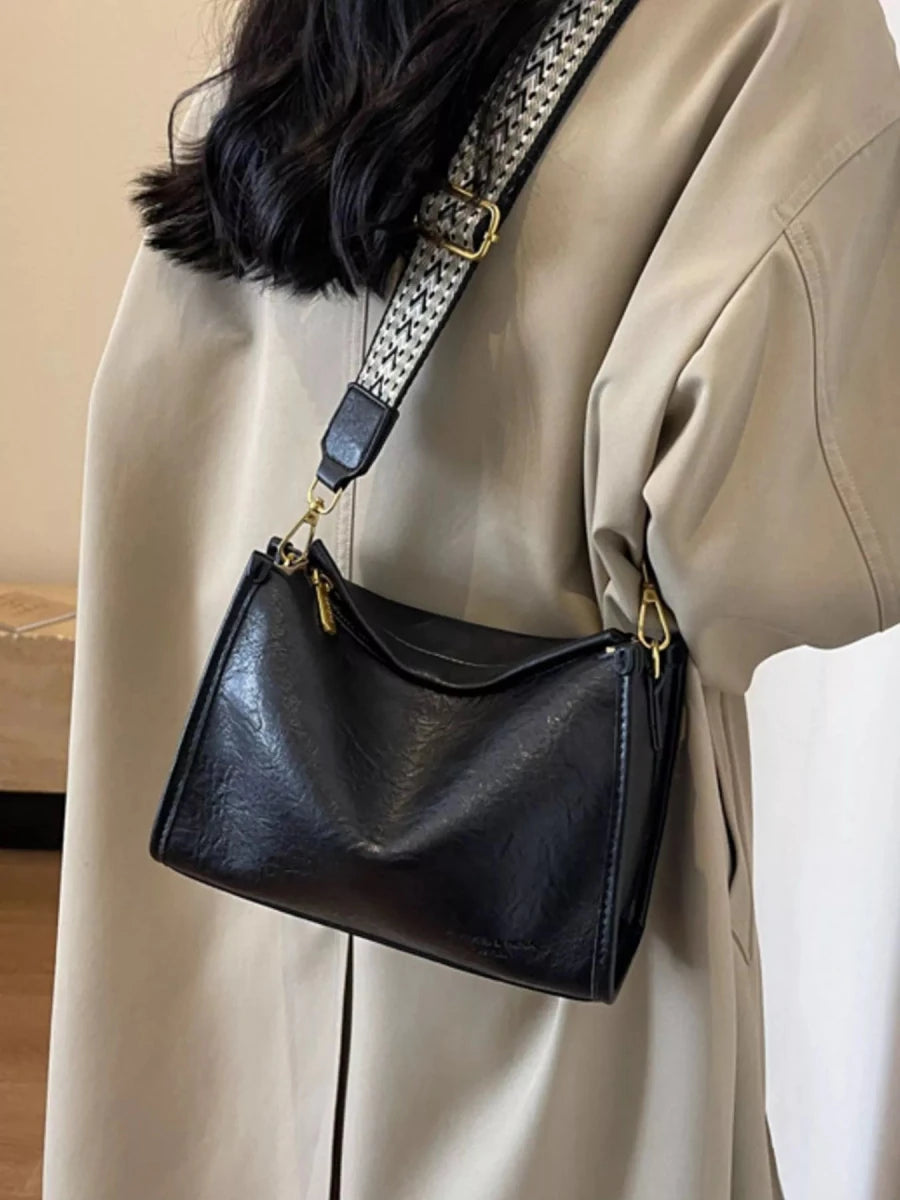 Medium PU Leather Wide Strap Crossbody Bag - 