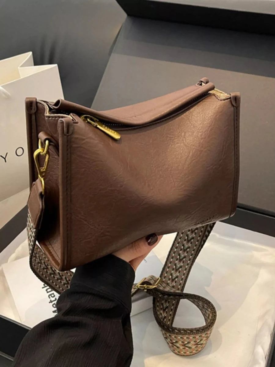 Medium PU Leather Wide Strap Crossbody Bag - 