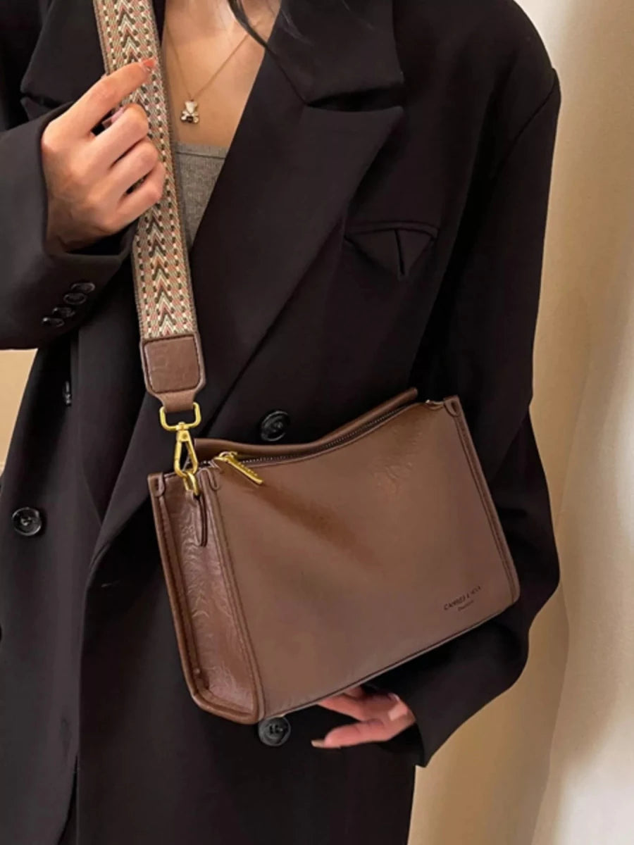 Medium PU Leather Wide Strap Crossbody Bag - 