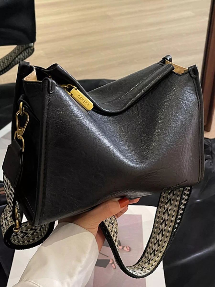 Medium PU Leather Wide Strap Crossbody Bag - 
