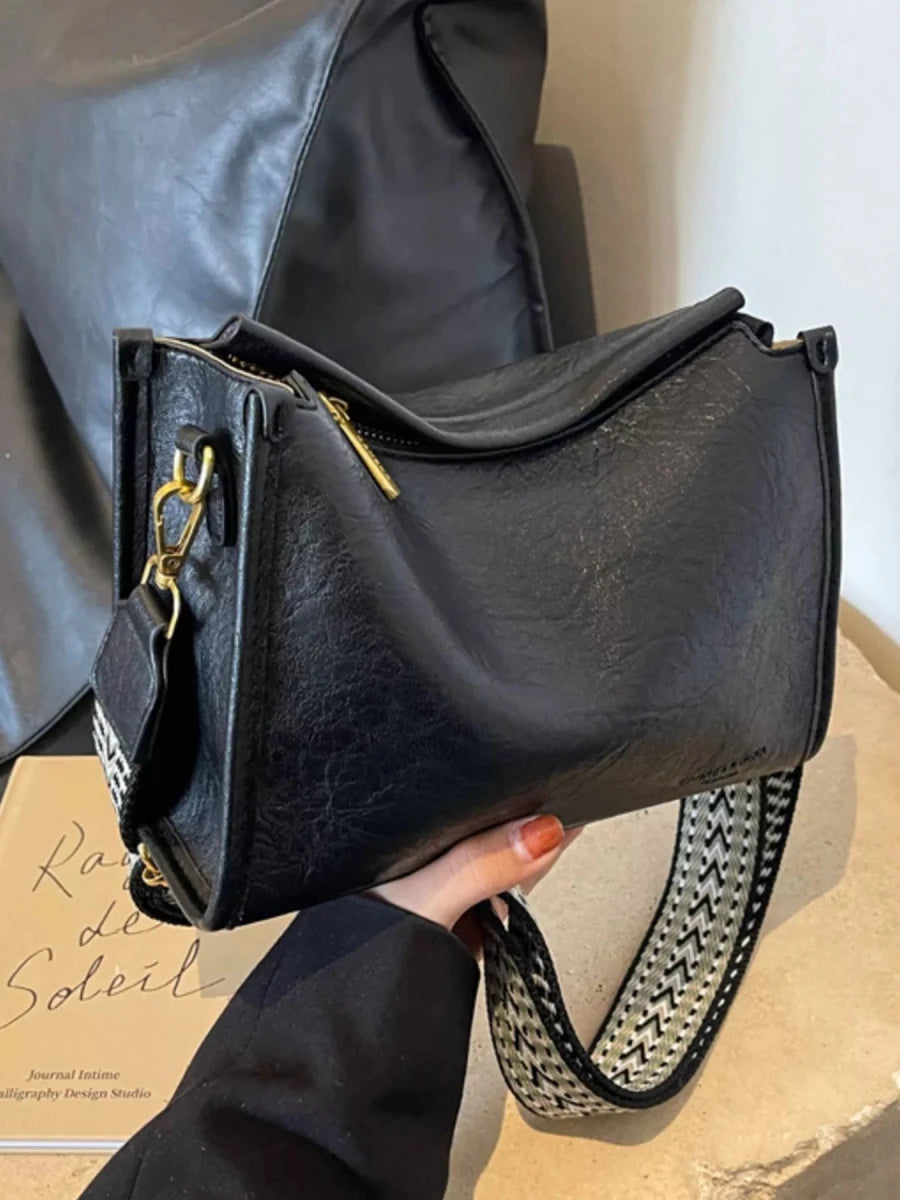 Medium PU Leather Wide Strap Crossbody Bag - 