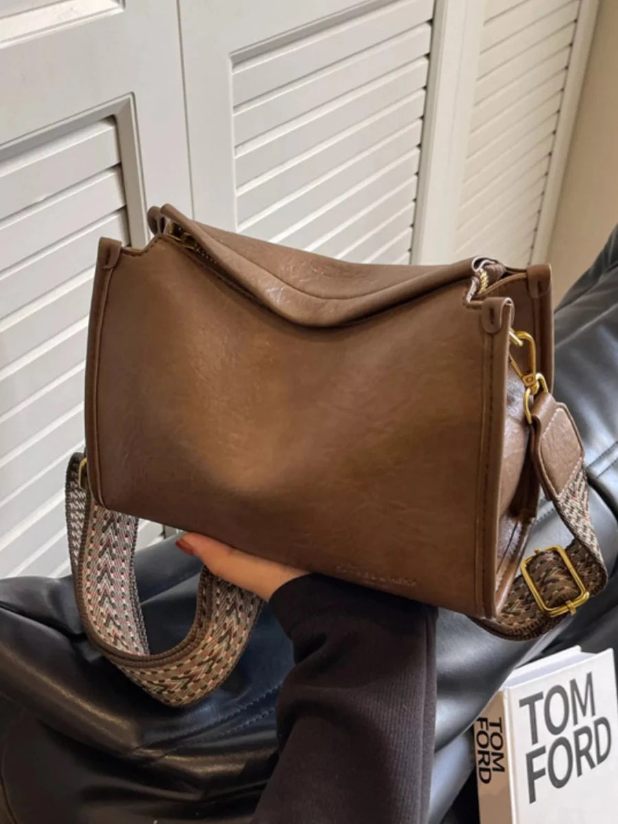 Medium PU Leather Wide Strap Crossbody Bag - 