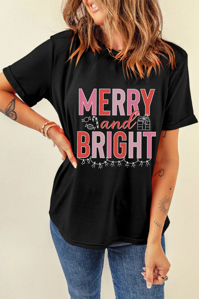 MERRY AND BRIGHT Round Neck Short Sleeve T-Shirt - Top