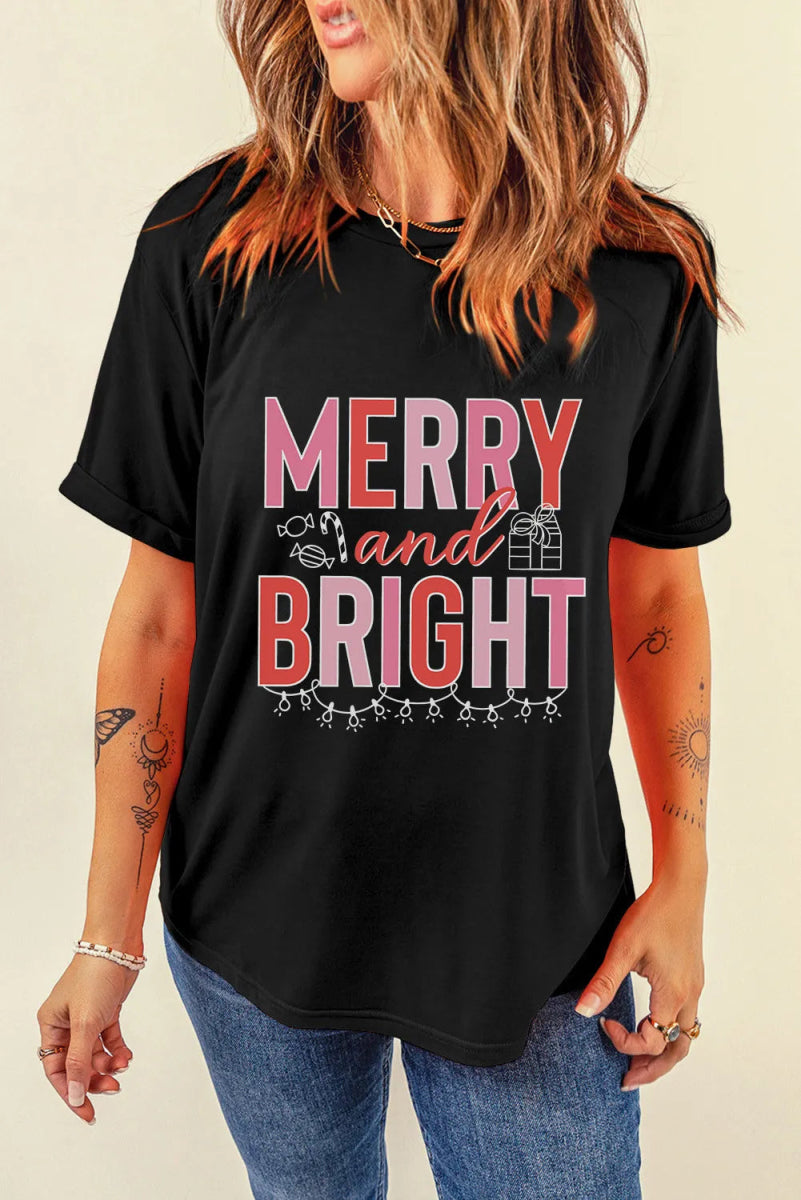 MERRY AND BRIGHT Round Neck Short Sleeve T-Shirt - Top