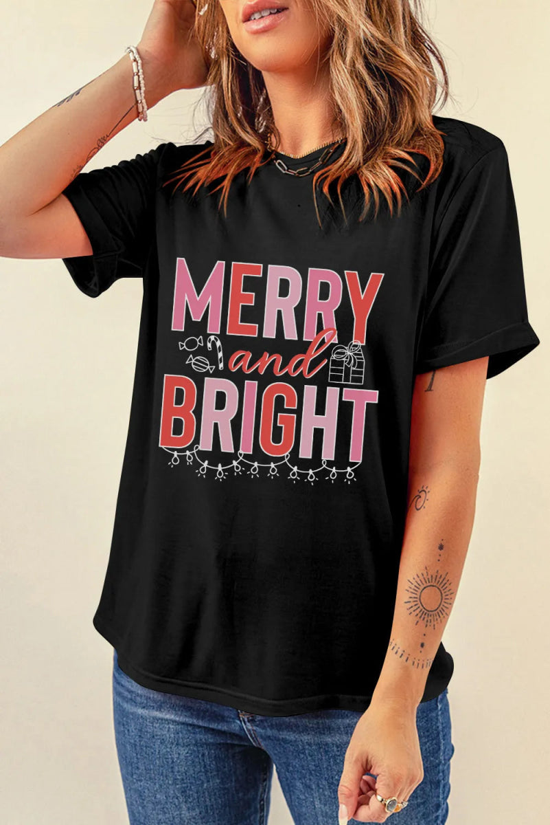 MERRY AND BRIGHT Round Neck Short Sleeve T-Shirt - Top
