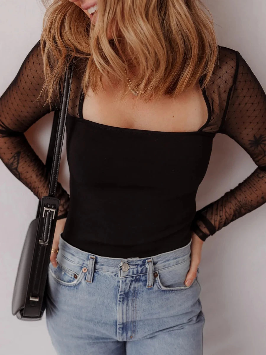 Mesh Sleeve Square Neck Bodysuit - 