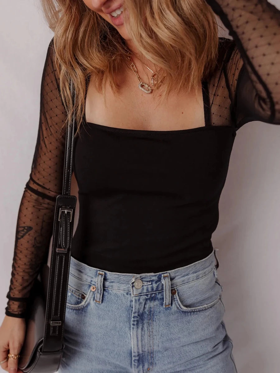 Mesh Sleeve Square Neck Bodysuit - 