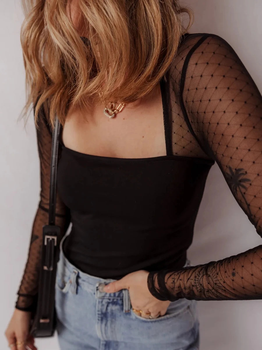 Mesh Sleeve Square Neck Bodysuit - 