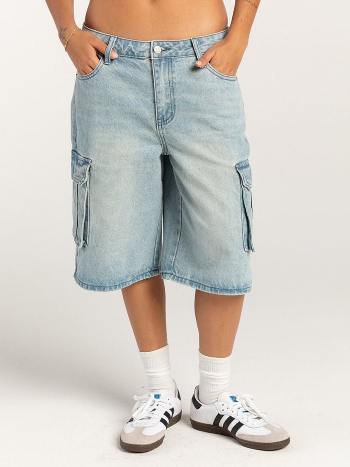 Mid - Rise Waist Denim Shorts with Pockets - Bottoms