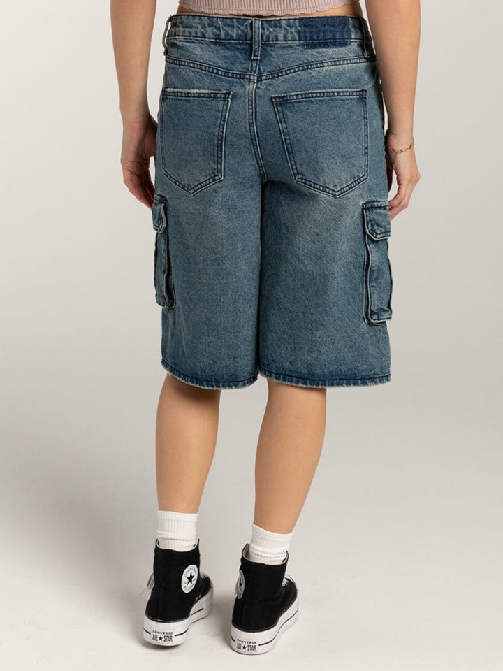 Mid - Rise Waist Denim Shorts with Pockets - Bottoms