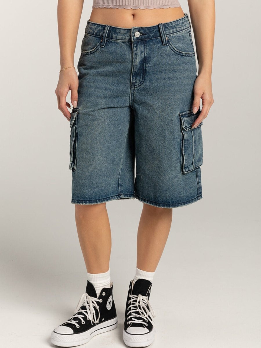 Mid - Rise Waist Denim Shorts with Pockets - Bottoms
