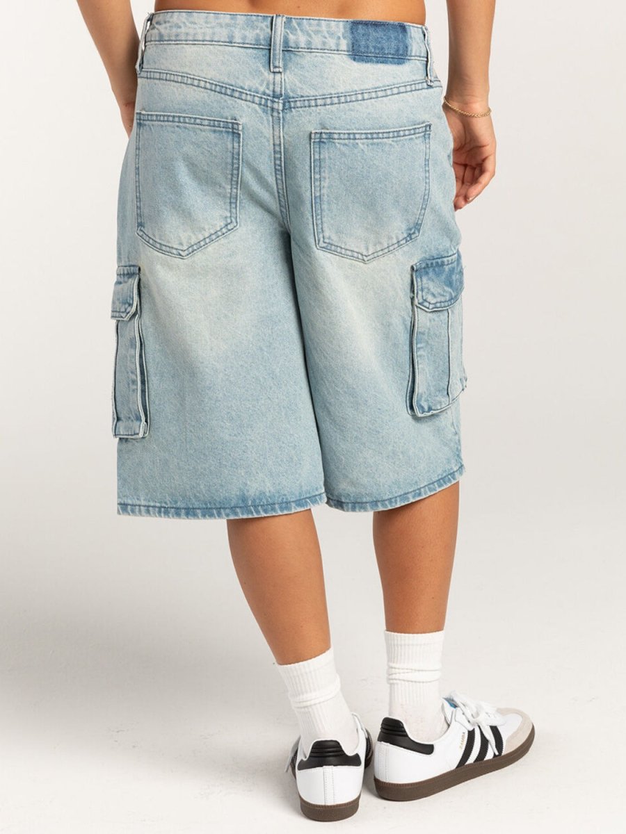 Mid - Rise Waist Denim Shorts with Pockets - Bottoms