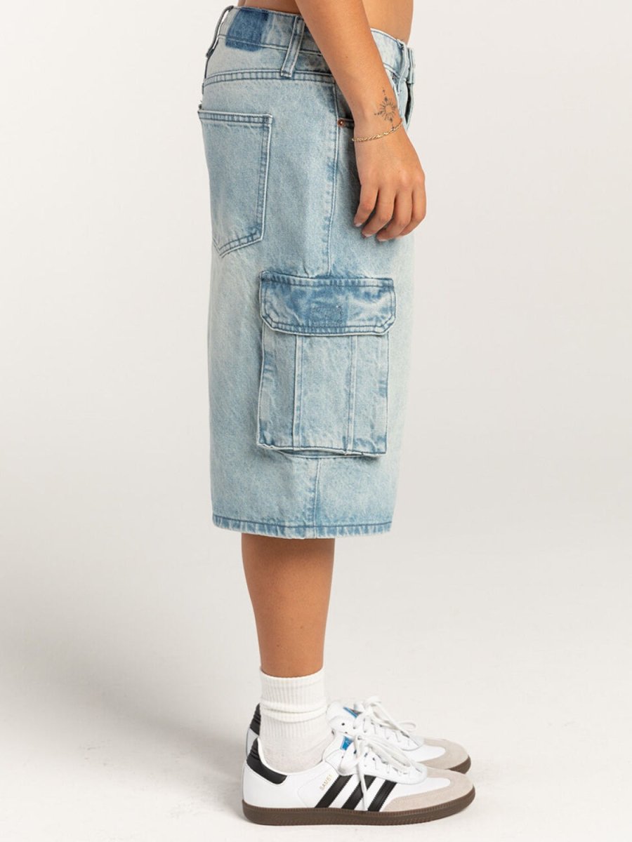 Mid - Rise Waist Denim Shorts with Pockets - Bottoms