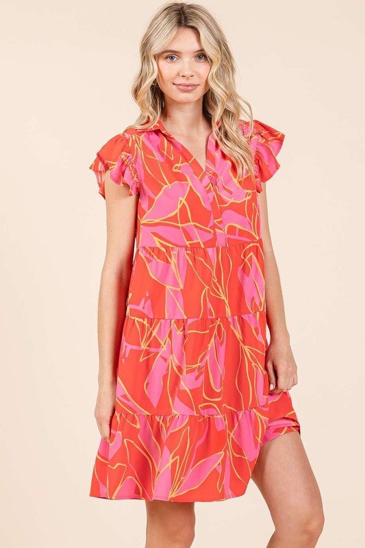 Mittoshop Leaf Print Ruffle Sleeve Tiered Mini Dress - New Arrivals