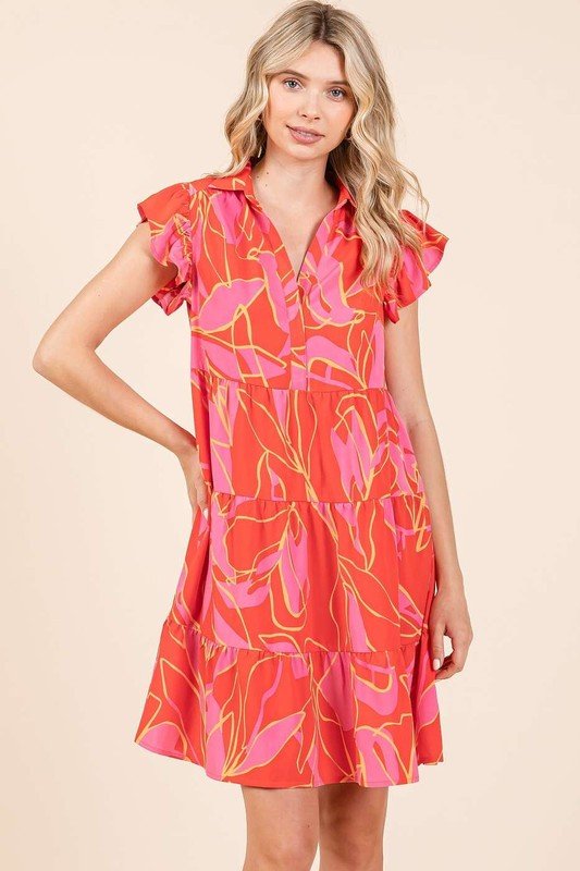 Mittoshop Leaf Print Ruffle Sleeve Tiered Mini Dress - New Arrivals
