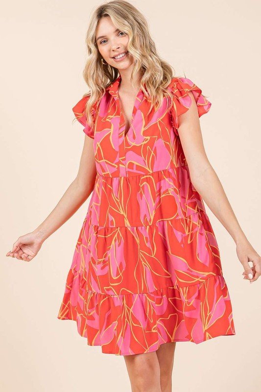 Mittoshop Leaf Print Ruffle Sleeve Tiered Mini Dress - New Arrivals
