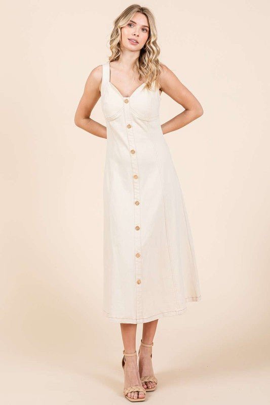 Mittoshop Stretch Twill Decor Button Sleeveless Midi Dress - New Arrivals