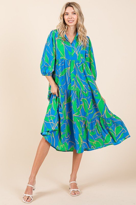 Mittoshop Tiered Printed Collared Neck Midi Dress - New Arrivals
