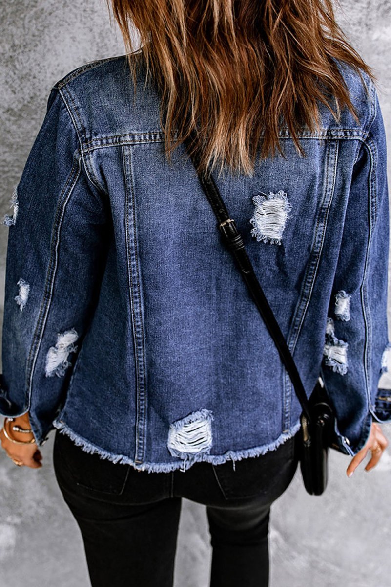 Mixed Print Distressed Button Front Denim Jacket - Outerwear